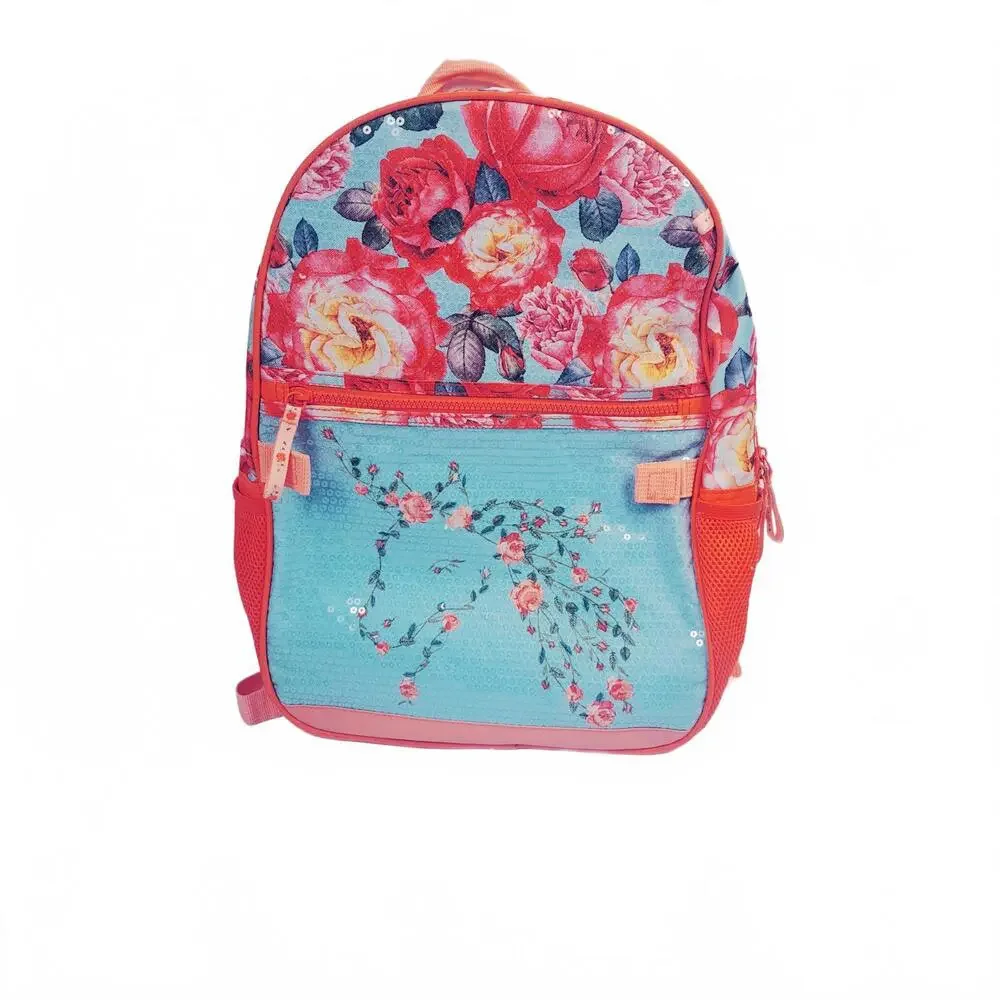 Floral Unicorn Sequin Backpack Pink Blue Rose Print School Bag with Mesh Pockets